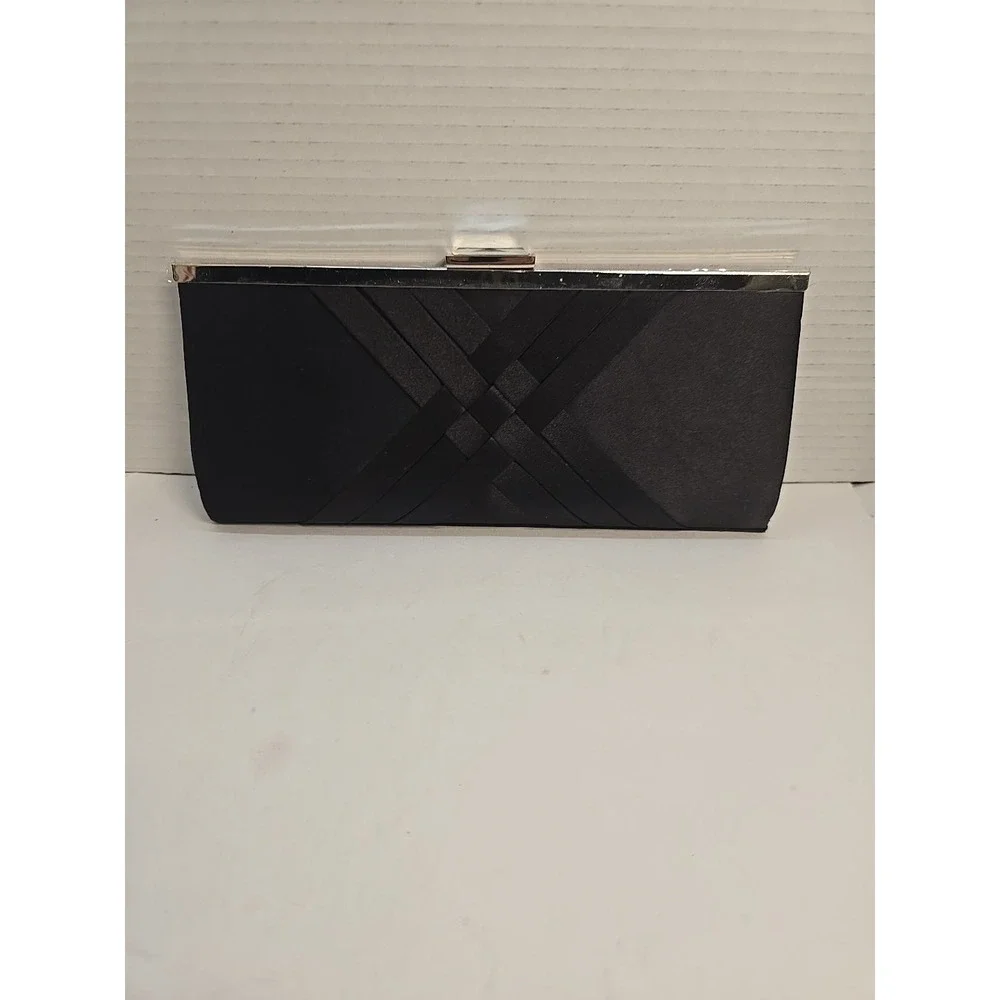 INC International Concepts Black Satin Criss Cross Pleated Evening Clutch Bag‎